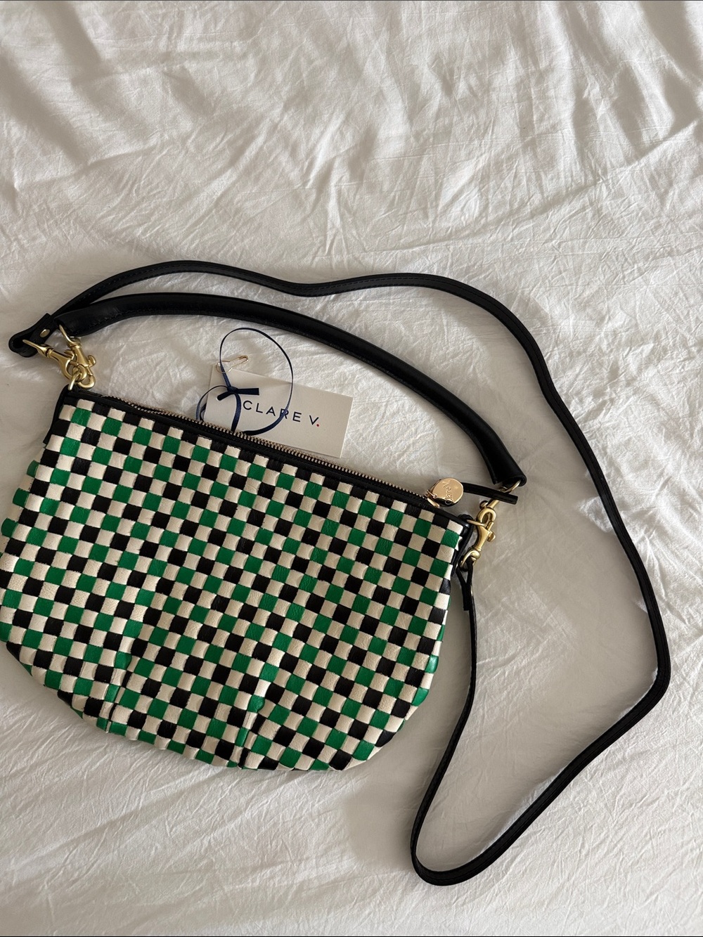 Clare V Green and Black Checker Crossbody with Cream Accents